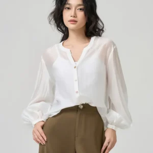 Set áo sơ mi cổ tàu tay chuông